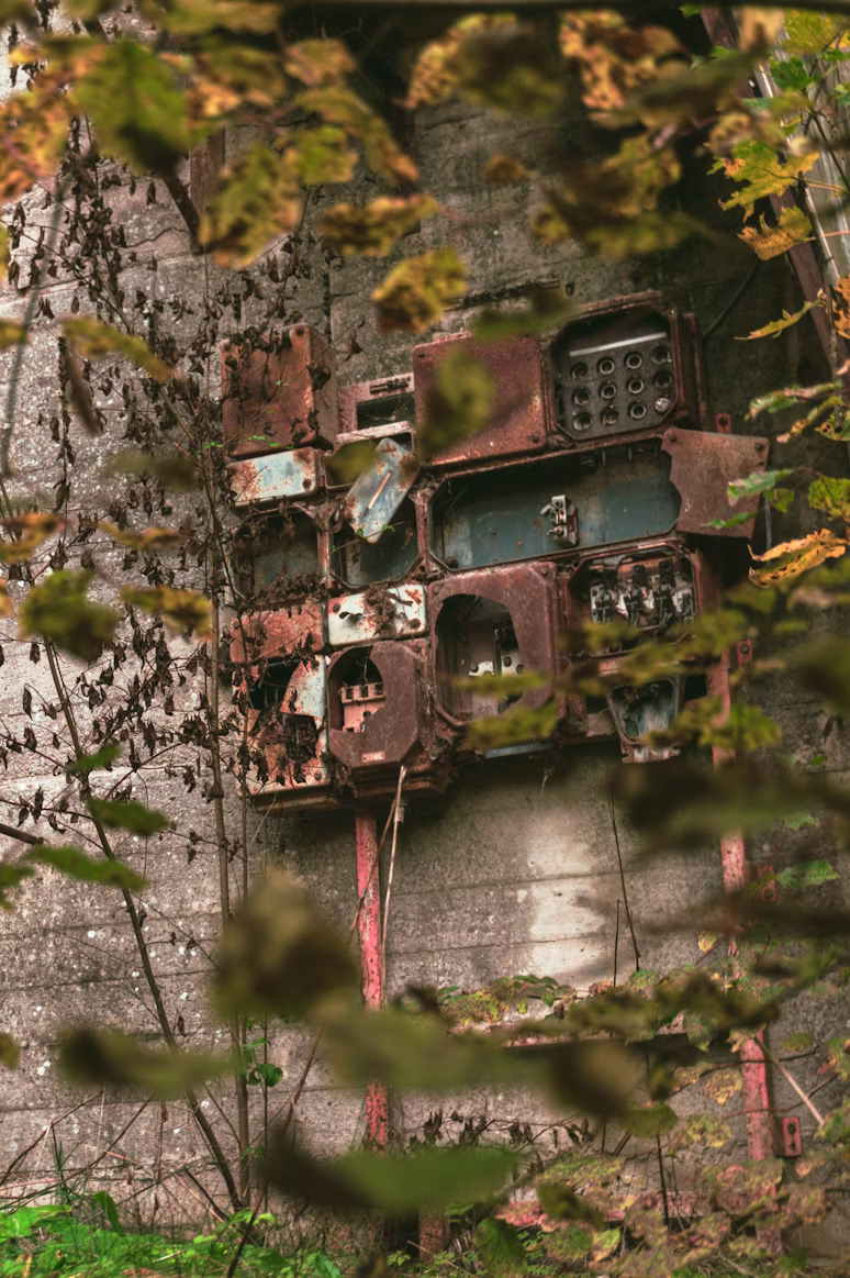 A close-up of an old fuse box with exposed fuses