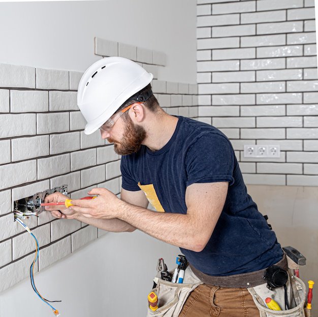 An electrician examining a home's electrical wiring