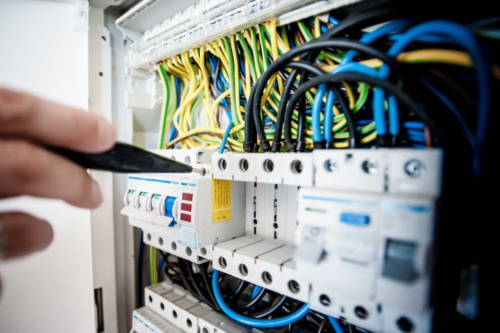 A certified electrician installing a new 200-amp electrical panel