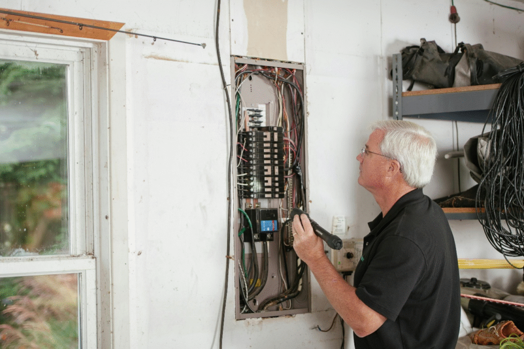 A homeowner inspecting an open residential electrical panel with a flashlight
