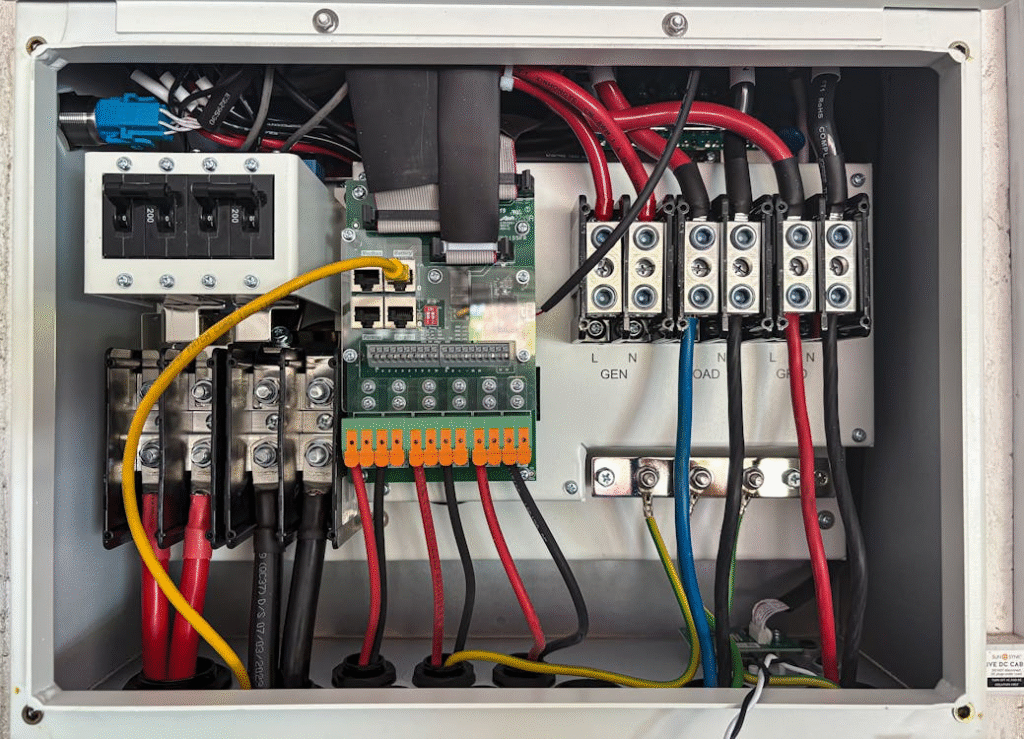 A modern breaker box with labeled switches