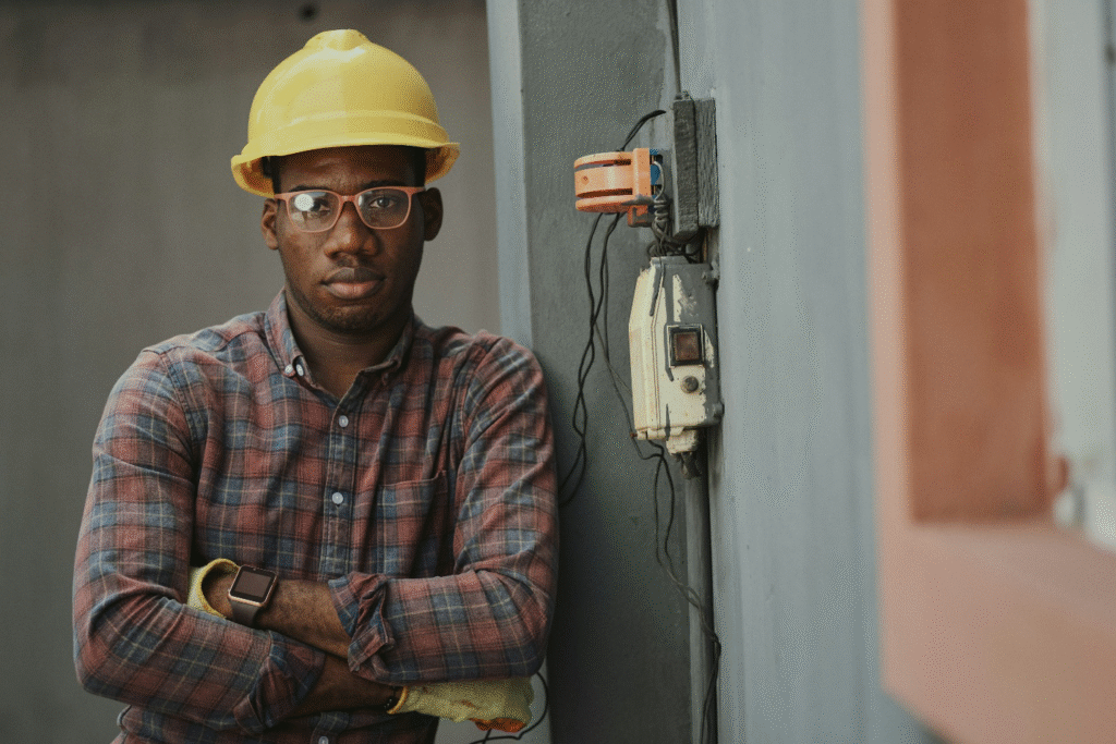Licensed electrician standing beside exposed wiring outside a home