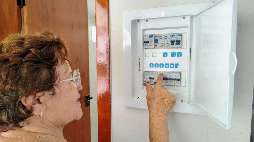Senior woman inspecting a home circuit breaker panel